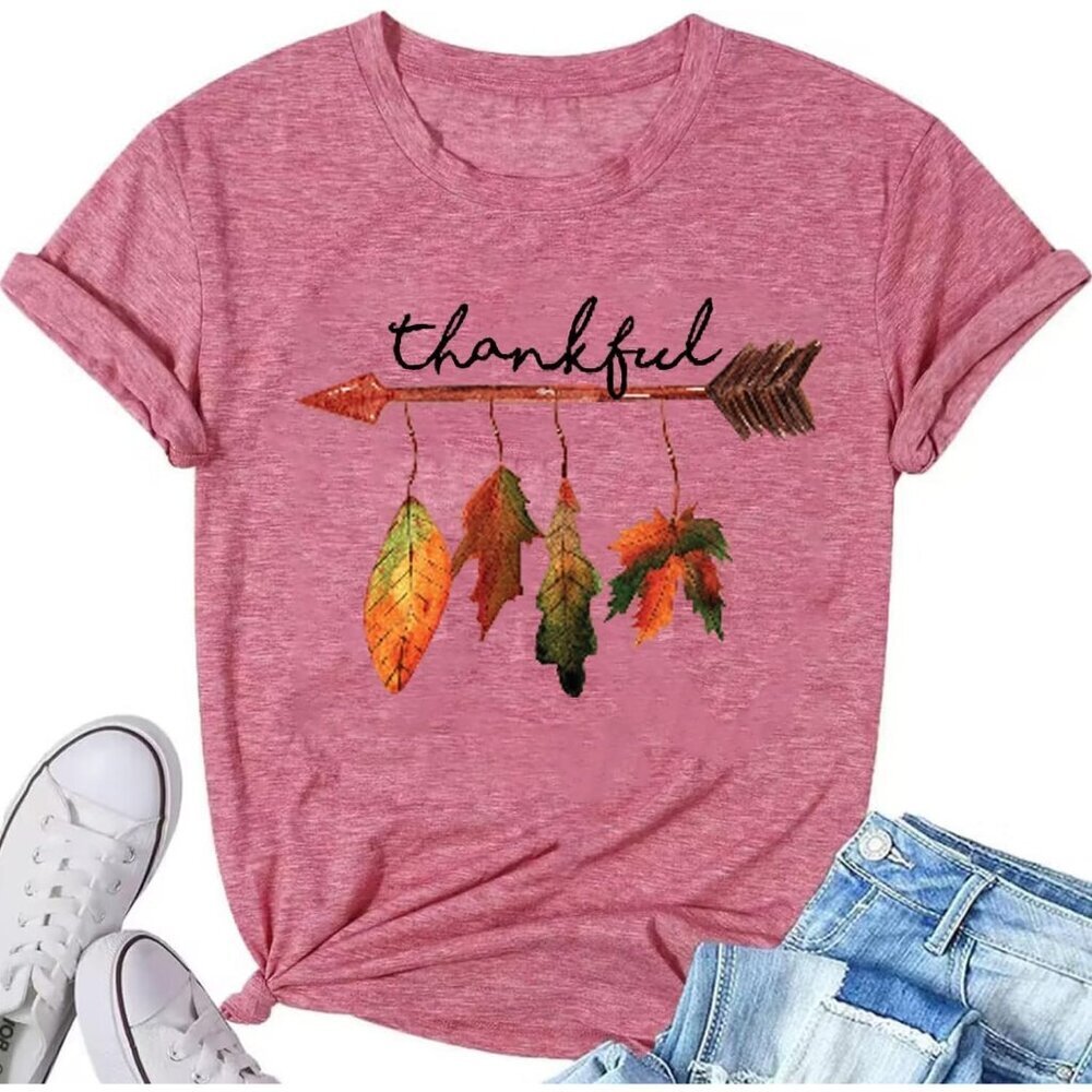 Womens Graphic Tee Cotton Blend Xx-Large Thankful Letter Print Casual Thanksgivi